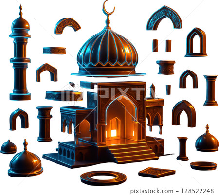 Modular mosque architecture elements with glowing details 128522248