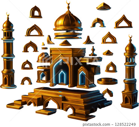 Golden modular islamic architecture elements with glowing accents 128522249