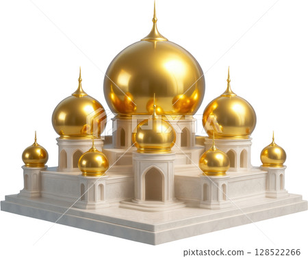 Grand golden domed mosque architecture with white base and ornate details 128522266