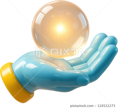 Digital blue hand holding a radiant golden orb of future possibilities 128522273