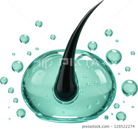 Hair strand immersed in nourishing liquid droplet with essence bubbles 128522274