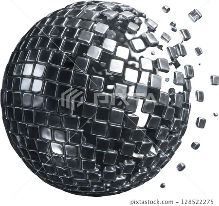 Dynamic silver disco ball fragmenting into reflective square elements 128522275