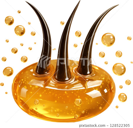 Hair strands immersed in golden oil for nourishment and growth 128522305