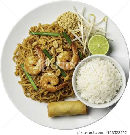 Authentic pad thai noodles with shrimp, peanuts, rice, and spring roll meal 128522322