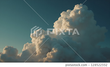 Majestic Cumulus Clouds Towering Against an Azure Sky: A Breathtaking Display of Natural Beauty with Soft Light and Texture Composition, Stunning Weather Phenomenon 128522332