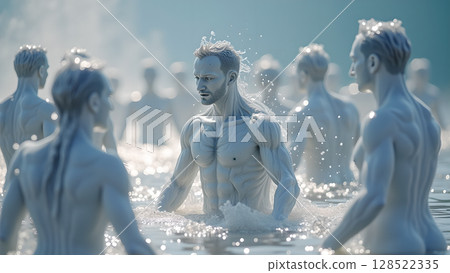 A surreal and captivating image depicting figures emerging from water in a scene evoking serenity and physical form exploration with luminous light interplay and ethereal quality A surreal and captivating image depicting figures emerging from water in a scene evoking serenity and physical form exploration with luminous light interplay and ethereal quality 128522335