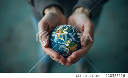 Hands cradling a miniature Earth globe symbolizing care environment responsibility and global awareness showcasing the fragility of our planet and the importance of sustainability Hands cradling a miniature Earth globe symbolizing care environment responsibility and global awareness showcasing the fragility of our planet and the importance of sustainability 128522336