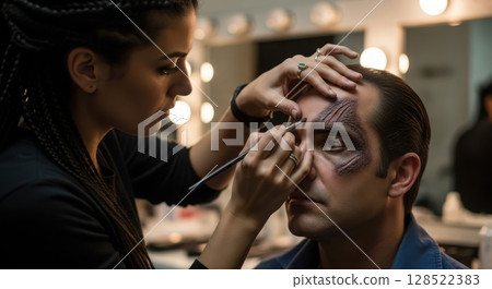 Professional makeup artist applying special effects makeup to a male actor backstage 128522383