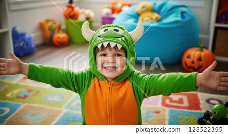 Joyful boy in green monster costume with outstretched arms and big smile for halloween 128522395