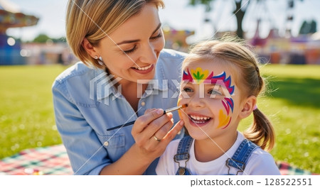 Happy mother applying colorful face paint to her joyful young daughter at an outdoor event 128522551