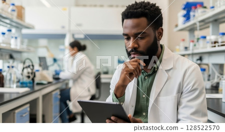 Contemplative black male scientist with a beard in a lab coat using a tablet in a modern laboratory. 128522570