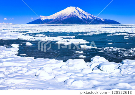 Drift ice in the Sea of Okhotsk and Mt. Fuji composition 128522618