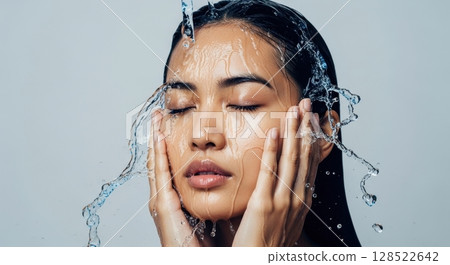 Beautiful young woman with closed eyes washing her face with refreshing water in a studio 128522642