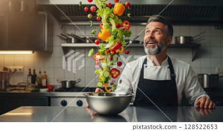 Male chef in a modern kitchen preparing a fresh salad with flying vegetables 128522653