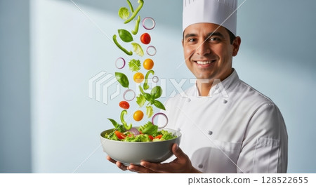 Professional male chef smiling, holding bowl with fresh salad ingredients falling 128522655
