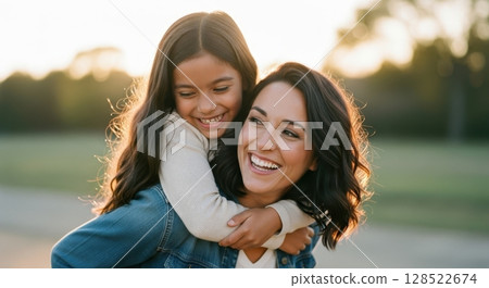 Joyful mother and daughter sharing a piggyback ride in a sunny park Joyful mother and daughter sharing a piggyback ride in a sunny park 128522674