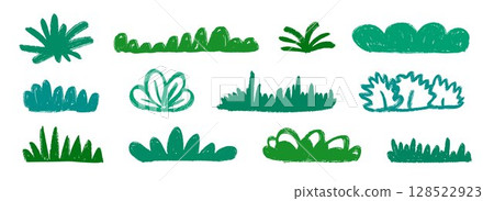 Hand drawn bushes and grass collection. Green crayon shrubbery and foliage set. Doodled shrub and tree shape bundle. Pencil sketched elements. Scribbled cartoon green plant pack. Vector illustration 128522923