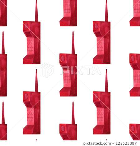 Old mobile phone with antenna and buttons. Aesthetics of romantic comedies of the 90s. Watercolor seamless pattern for wrapping paper or textile. 128523097