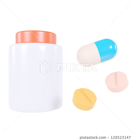 Medicine bottle, pills, capsules, drugs, pharmacy, image, illustration, copy space, 3D rendering 128523147