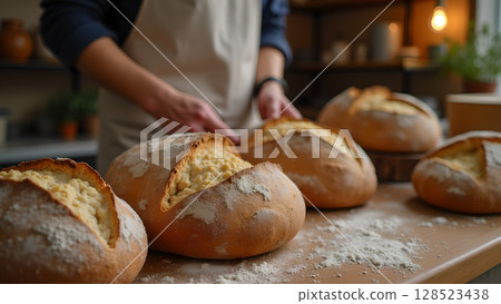 Artisan baker presents freshly baked sourdough loaves with a beautiful golden crust and soft interior in bakery 128523438