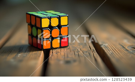 A colorful Rubik's cube rests upon rustic wooden planks creating a nostalgic and intriguing image featuring abstract geometry A colorful Rubik's cube rests upon rustic wooden planks creating a nostalgic and intriguing image featuring abstract geometry 128523439