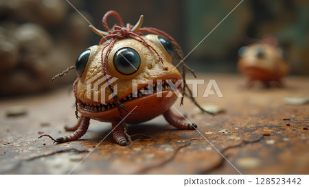 Two miniature creatures with large eyes and tiny teeth standing on a weathered surface looking ominous 128523442