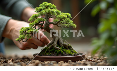Cultivating serenity: hands tending to a miniature bonsai tree a symbol of peace and harmony Cultivating serenity: hands tending to a miniature bonsai tree a symbol of peace and harmony 128523447