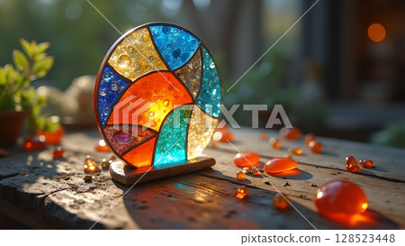 Beautiful decorative stained glass disc with colorful sections creating a mesmerizing optical display piece of art Beautiful decorative stained glass disc with colorful sections creating a mesmerizing optical display piece of art 128523448