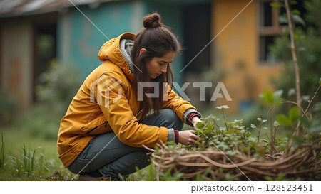 A woman in a yellow jacket tending to a garden in a backyard with plants A woman in a yellow jacket tending to a garden in a backyard with plants 128523451