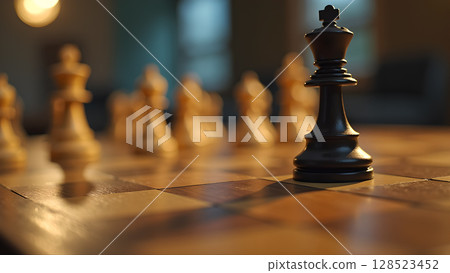 A Chessboard Scene: The Black King Stands Tall Ready for the Next Move in the Game A Chessboard Scene: The Black King Stands Tall Ready for the Next Move in the Game 128523452