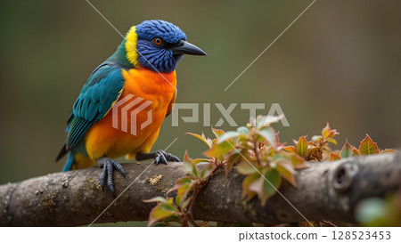 Stunning golden fronted leafbird perched on a branch with vibrant colors in a tropical forest Stunning golden fronted leafbird perched on a branch with vibrant colors in a tropical forest 128523453