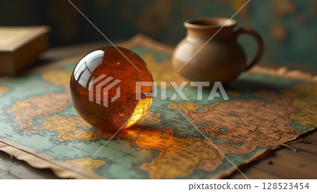 Exploring the world: a translucent globe resting on an antique map with pottery jug Exploring the world: a translucent globe resting on an antique map with pottery jug 128523454