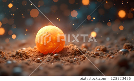 Glowing orb on the ground with bokeh lights creates a magical and mystical atmosphere with earthly textures Glowing orb on the ground with bokeh lights creates a magical and mystical atmosphere with earthly textures 128523456