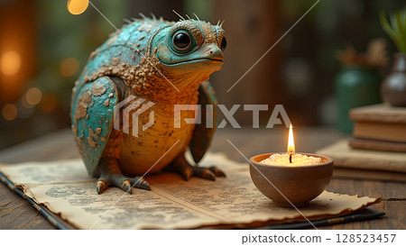 A charming creature beside a candlelit book exudes tranquility illuminating a peaceful atmosphere with enchanting details A charming creature beside a candlelit book exudes tranquility illuminating a peaceful atmosphere with enchanting details 128523457