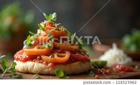 Delicious tomato bruschetta appetizer featuring vibrant colors and fresh herbs, served on a wooden board creating an appealing culinary scene 128523462