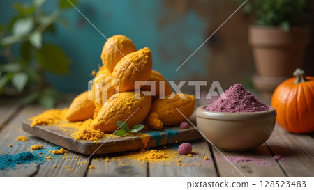 Celebrating the Vibrant Festival of Colors with Traditional Sweets and Festive Powders on Wooden Surface 128523483