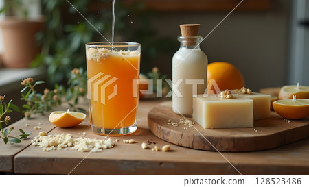 Invigorating orange juice creation with natural soaps and soy milk offers a refreshing experience 128523486