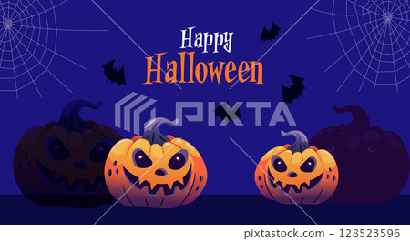 Spooky Halloween banner with pumpkins and ghosts 128523596