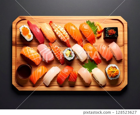 Illustration of assorted sushi arranged on sushi clogs Illustration of assorted sushi arranged on sushi clogs 128523627