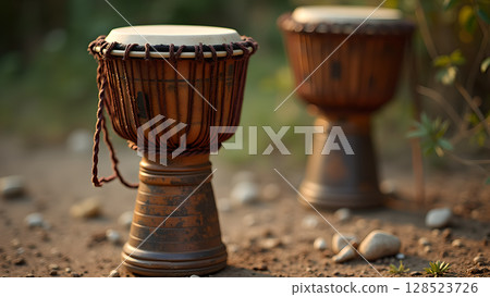 Captivating Djembe Drum Duo on a Rustic Surface a Musical Exploration in Natural Light Captivating Djembe Drum Duo on a Rustic Surface a Musical Exploration in Natural Light 128523726