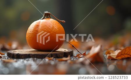 Autumnal still life of a vibrant orange pumpkin resting on a wooden slice surrounded by fallen leaves Autumnal still life of a vibrant orange pumpkin resting on a wooden slice surrounded by fallen leaves 128523733