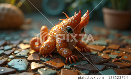 Adorable fantasy creature resembling a lizard with dew drops enjoying the morning sun on tiles 128523734