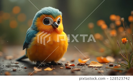 Charming blue and orange bird with large eyes sitting amidst a background of blurred flowers 128523742