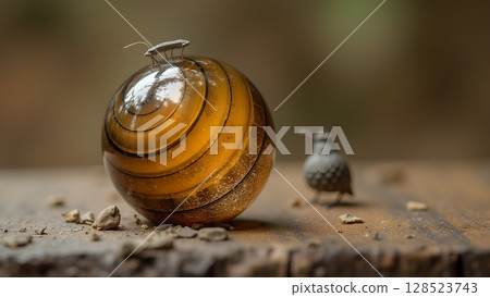 A captivating juxtaposition of life, featuring a beetle perched atop a glass sphere beside a curious bird A captivating juxtaposition of life, featuring a beetle perched atop a glass sphere beside a curious bird 128523743