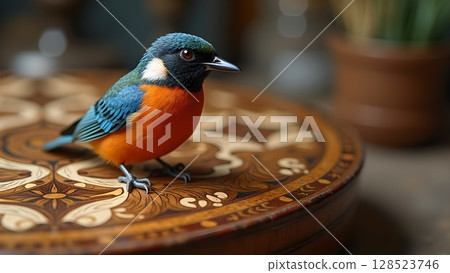 Captivating portrait of a colorful rufous-bellied niltava perched on a beautifully inlaid wooden surface with elegant designs 128523746