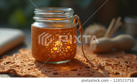 Warm glow of homemade candle holder illuminating a delicate crocheted table mat enhancing cozy atmosphere Warm glow of homemade candle holder illuminating a delicate crocheted table mat enhancing cozy atmosphere 128523758