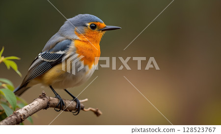 Close up of a colorful robin bird perched on a branch in nature scenery wildlife 128523767