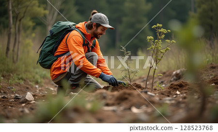 A dedicated volunteer planting trees to help the environment on a sunny day within the forest 128523768
