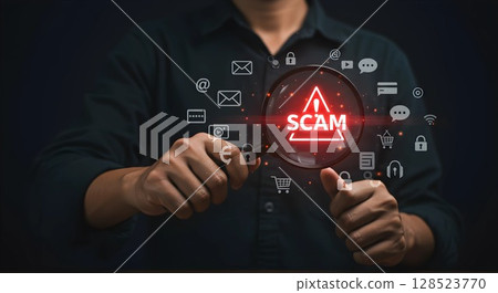Scam Alert Warning with Cybersecurity Icons 128523770