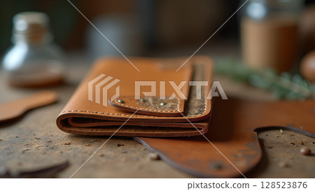 Handcrafted brown leather wallet showcasing artisanal details and rustic charm in a workshop setting ambiance 128523876
